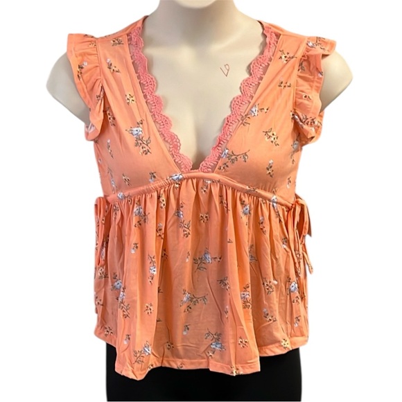 Passport Women’s V-Neck Floral Orange Ruffled Cap Sleeve Knit Blouse Size L - Picture 1 of 11